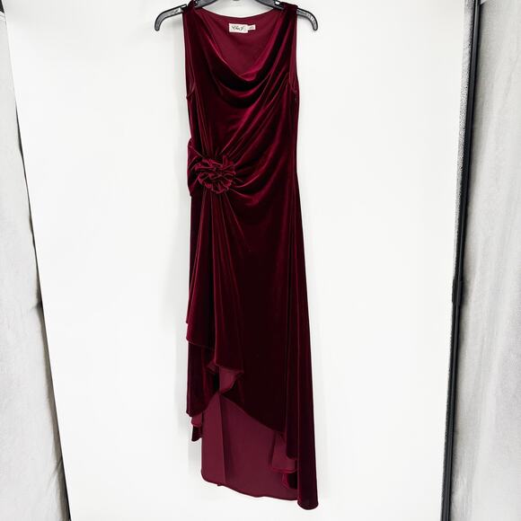 Eliza J Velvet High Low Long Dress Burgundy Cowl Neck Drape Rosette 4 Whimsigoth - Picture 1 of 12